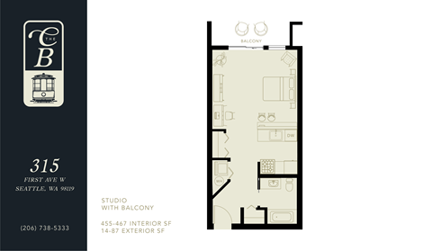 Floor plan for studio, 1 bath, 467 sqft